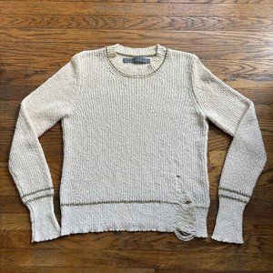 raquel allegra distressed cream cotton sweater with gold thread neckline & cuffs